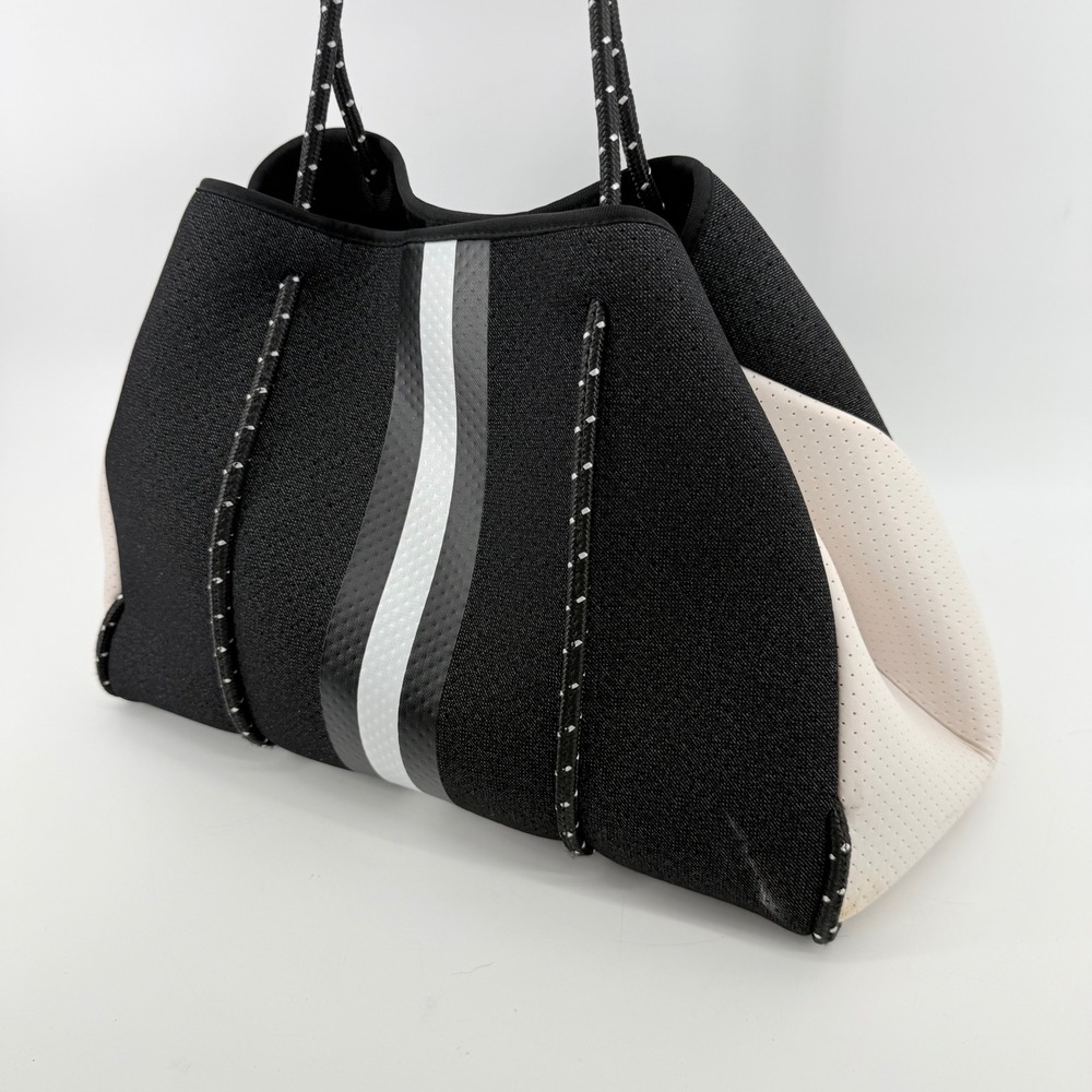 Haute Shore Greyson Neoprene Tote Bag Black White Racing Stripe Sporty Carryall